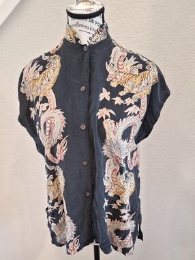 Avanti Dragon And Tiger Tea Timer 100% Silk Mandarin Collar Top Size Small Black